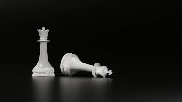 stehende weiße schachkönigin neben einem gefallenen könig. digitales 3d-rendering. - chess king chess chess piece black stock-fotos und bilder
