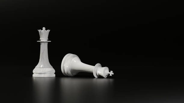 Standing white chess queen next to a fallen king. Digital 3D rendering. Standing white chess queen next to a fallen king. Digital 3D rendering. sacrifice stock pictures, royalty-free photos & images