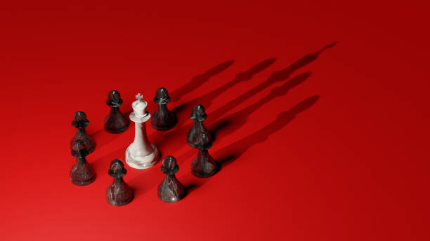 White chess king surrounded by black pawns. Power struggle, coup, class conflict concept. Digital 3D rendering.