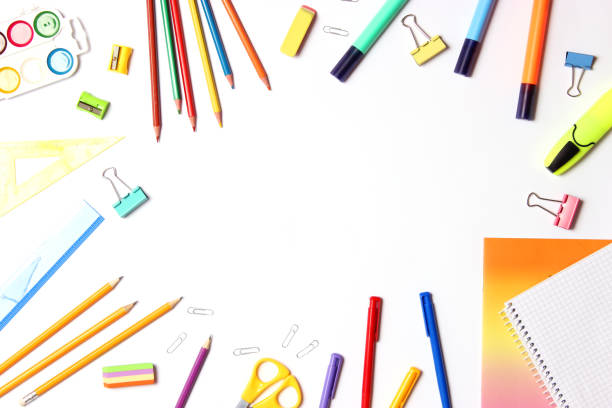 istock School office on a colored background top view. Office office, student office. 1314217359