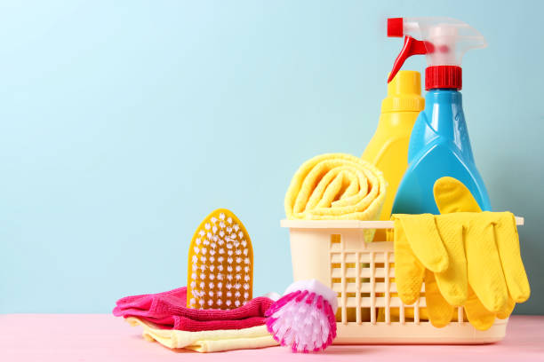 istock Means for cleaning and disinfection close-up on a colored background. 1314218372