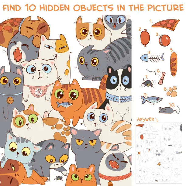Vector illustration of Find 10 hidden objects in the picture. Group of different cats