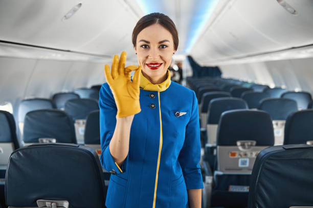 istock Confident female air hostess showing OK gesture at work 1314219555