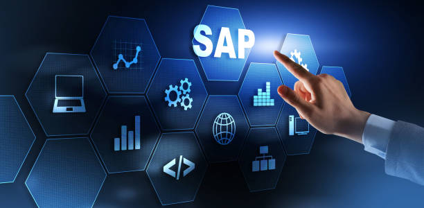 SAP System Software Automation concept. Businessman presses virtual button SAP stock photo