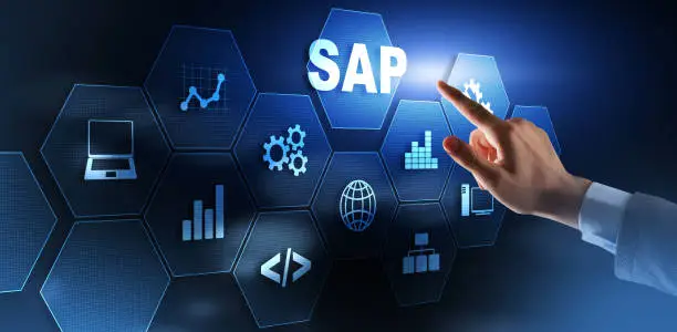 Photo of SAP System Software Automation concept. Businessman presses virtual button SAP