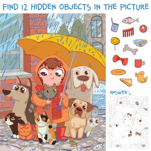 Vector illustration of Find hidden objects. Under umbrella. Little girl protects homeless pets from rain