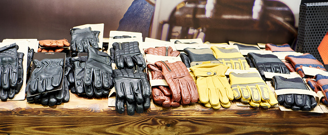 Motorcycle leather gloves in a store