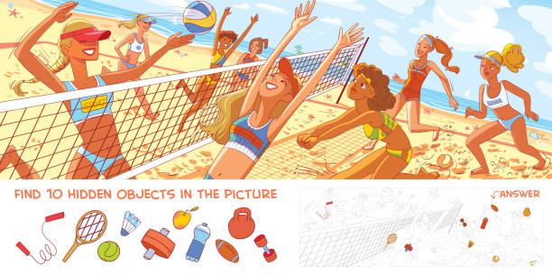 illustrations, cliparts, dessins animés et icônes de volleyball de plage féminin. panorama. trouver 10 objets cachés - volleyball volleying women female