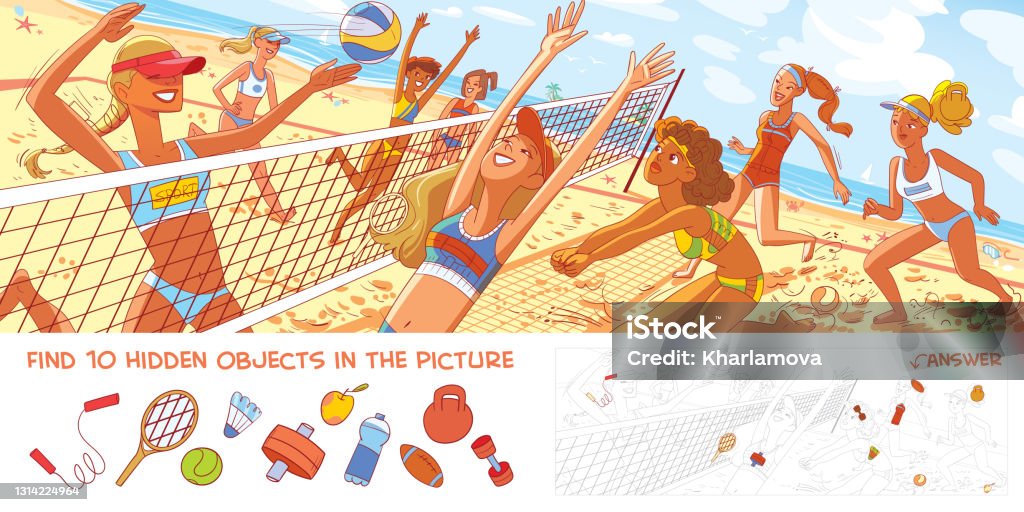 Women Beach Volleyball Panorama Find 10 Hidden Objects Stock Illustration -  Download Image Now - iStock