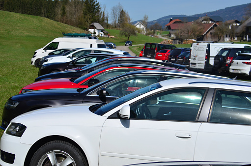 Full parking lot at the Drachenwand in Sankt Lorenz near Mondsee, Upper Austria, Salzburg, Austria, Europe