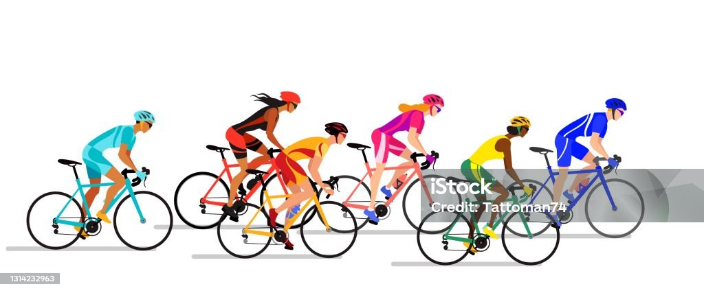 Boys and girls cyclists in biker uniform. Professional cyclists colorful vector illustration. Professional bike racers compete for leadership on the straight track. Crowd cyclist group vector illustration on white background. Cycling stock vector