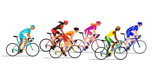 Boys and girls cyclists in biker uniform. Professional cyclists colorful vector illustration. Professional bike racers compete for leadership on the straight track. Crowd cyclist group vector illustration on white background. bycicle stock illustrations