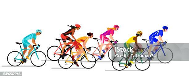 Boys And Girls Cyclists In Biker Uniform Professional Cyclists Colorful Vector Illustration Stock Illustration - Download Image Now