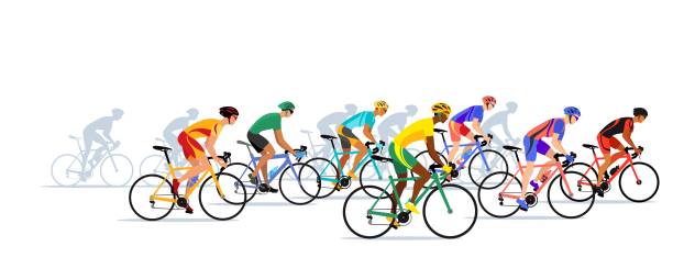 Bike racers. Professional cyclists colorful vector illustration. Professional bike racers compete for leadership on the straight track. Crowd cyclist group vector illustration on white background. racing bicycle stock illustrations