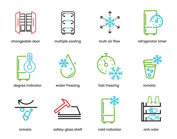 ilustraciones, imágenes clip art, dibujos animados e iconos de stock de conjunto de iconos de refrigerador. - barometer meteorology gauge forecasting