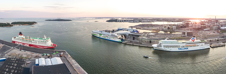 4 passenger ferries docked at the port of Helsinki, Finland. Photo taken in June 2020.