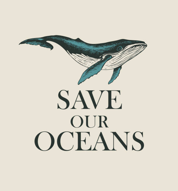 eco poster concept with a big hand-drawn whale Eco poster concept, icon or emblem in retro style with a big hand-drawn blue whale. Vector banner on the theme of environmental protection with the words Save our oceans energy conservation posters drawing stock illustrations