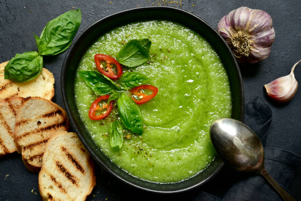 Cucumber gazpacho - traditional spanish cold soup stock photo
