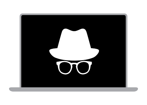 Vector illustration of a black and white laptop with an incognito symbol on it.