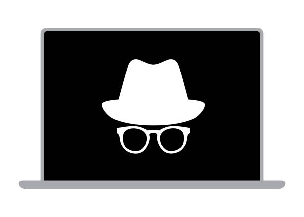 Black And White Incognito Laptop Vector illustration of a black and white laptop with an incognito symbol on it. neighborhood crime watch stock illustrations
