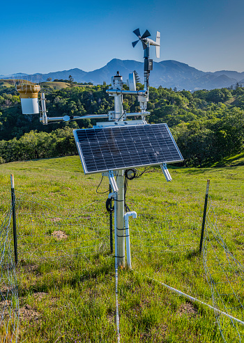 Weather station with solar panel for power at Pepperwood Nature Preserve; Santa Rosa;  Sonoma County, California