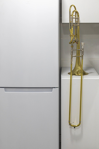 funny picture of a baras trombone leaning on a white kitchen on a cabinet with selective focus