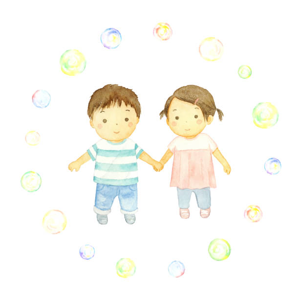 ilustracja akwarela dziecka idącego ręka w rękę - illustration and painting cute cartoon watercolor painting stock illustrations
