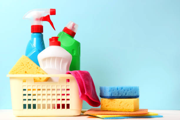 istock Means for cleaning and disinfection close-up on a colored background. 1314247156