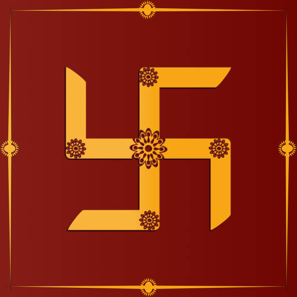 pomyślny złoty swastik, symbol hinduizmu na czerwonym tle kartkę z życzeniami lub tapety. - swastyka hinduska stock illustrations