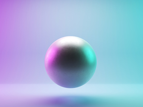 Metalic sphere 3d render on purple and green background