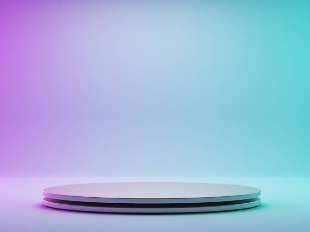 istock Round podium with pink and green lights background 1314248856