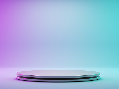 Round podium with pink and green lights background