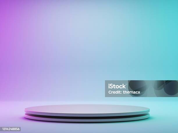 Round Podium With Pink And Green Lights Background Stock Photo - Download Image Now - Podium, Stage - Performance Space, Merchandise