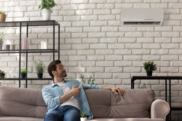 istock Happy young man sit on couch hold air conditioner controller 1314253037