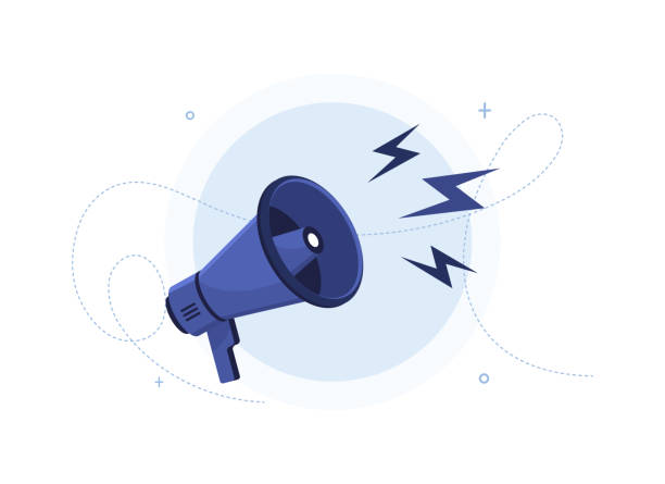 Megaphone Flat megaphone background. Blue loudspeaker in flat design. Bullhorn for shouting product promotion announcements to customers. Important notice. Eps 10 news event illustrations stock illustrations
