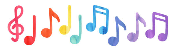 bunte musik note symbole in verschiedenen farben: rosa, rot, orange, gelb, grün, blau, cyan, lila, violett. hand bemalt aquarell skizze, isoliert eitern clipart elemente für design, muster, aufkleber. - musical note illustrations stock-grafiken, -clipart, -cartoons und -symbole