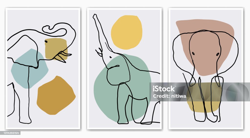 Set Of Minimal Elephant Abstract Childish Hand Drawing Continuous Lines  Face For Posters Hanging Wall Wallpaper Texture Banner Label Card Etc  Modern Hipster Style Vector Design Stock Illustration - Download Image Now -