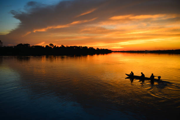 Twilight at the Amazon rainforest A small motorized canoe on the Guaporé - Itenez river during sunset, Ricardo Franco village, Vale do Guaporé Indigenous Land, Rondonia, Brazil, on the border with Bolivia rowing boat fishing stock pictures, royalty-free photos & images