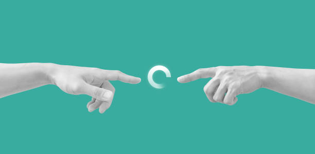 istock Digital collage modern art. Hand reaching out, pointing finger together 1314267535