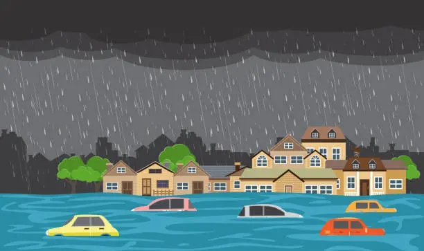 Vector illustration of Flood natural disaster with house, heavy rain and storm , damage with home, clouds and rain, flooding water in city