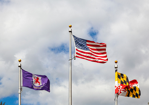 Flags of the USA, State of Maryland, and Talbot County, MD are waving on side by side flag posts on a cloudy day.