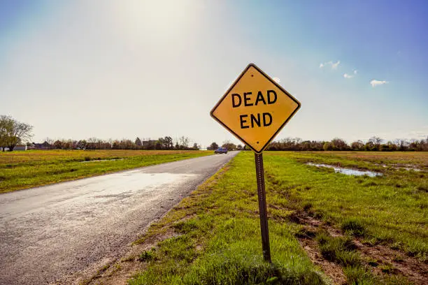 Photo of Dead End road sign with a road going to horizon in the background.