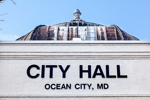 Ocean City, Maryland, USA 04-18-2021: Close up low angle image  of the City Hall building in this popular tourist destination on Atlantic coast of USA. A spring day with clear sky