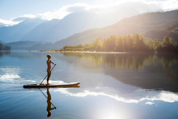 mulher paddleboarding em lago calmo em whistler durante o nascer do sol. - whistler colúmbia britânica - fotografias e filmes do acervo