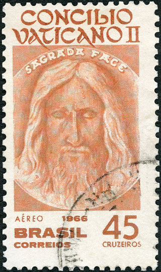 Postage stamp printed in Brazil shows Face of Jesus from Shroud of Turin, Sagrada Face, Issued to commemorate Vatican II, Ecumenical Council of the Roman Catholic Church, 1966