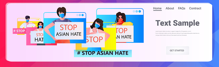 stop asian hate activists in masks protesting against racism in web browser windows support people during coronavirus pandemic concept portrait copy space horizontal vector illustration