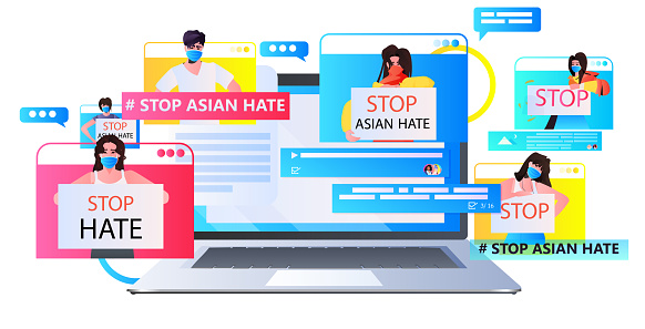 stop asian hate activists in masks protesting against racism in web browser windows support people during coronavirus pandemic concept horizontal vector illustration