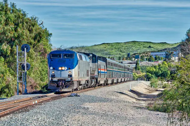 Amtrak Coast Starlight (Los Angeles - Seattle) powered by P42DC locomotives at Moorpark, California.