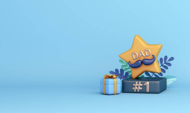 happy father's day dekoration bakgrund med trofé stjärna presentförpackning löv, kopiera utrymme text, 3d rendering illustration - fathers day bildbanksfoton och bilder