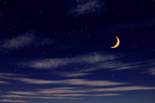 Crescent moon night with cloudscape Crescent moon night with cloudscape and shining stars. crescent photos stock pictures, royalty-free photos & images